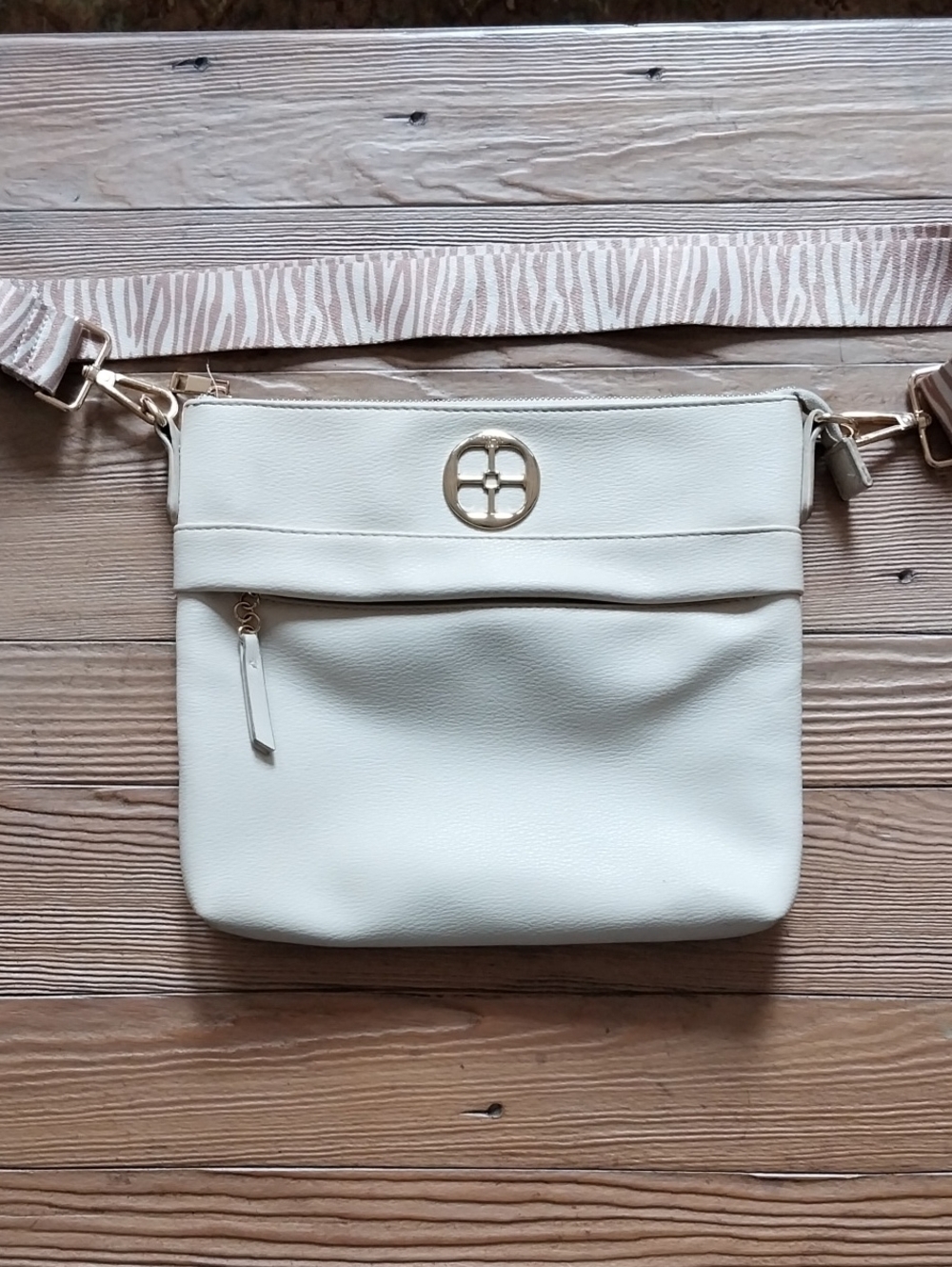 IMAN Ivory Crossbody with Gold Accent and Patterned Strap